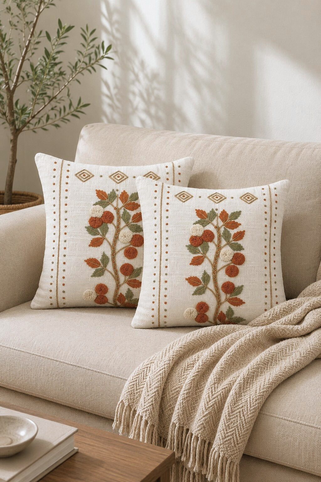 Autumn Grove Hand-Embroidered Cotton Cushion Cover – Set of 2