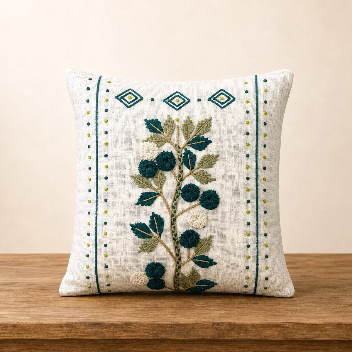 Evergreen Bloom Hand-Embroidered Cotton Cushion Cover – Set of 2
