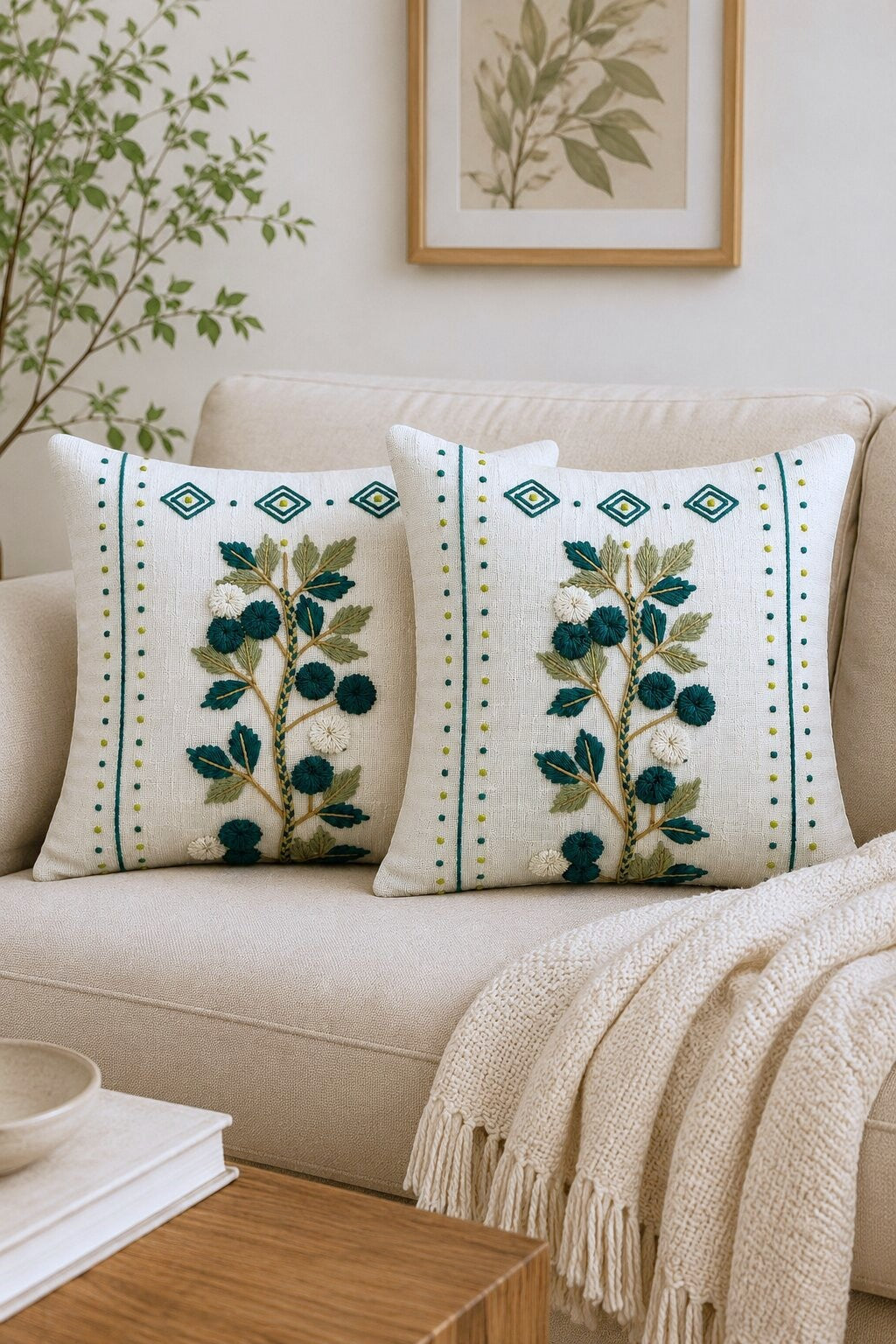 Evergreen Bloom Hand-Embroidered Cotton Cushion Cover – Set of 2