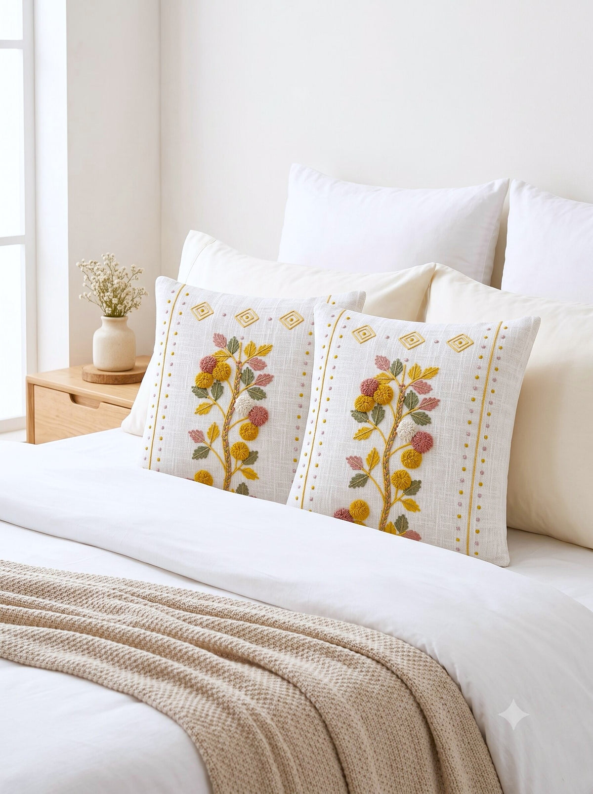 Golden Meadow Hand-Embroidered Cotton Cushion Cover – Set of 2