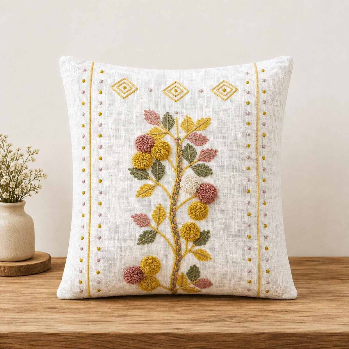 Golden Meadow Hand-Embroidered Cotton Cushion Cover – Set of 2