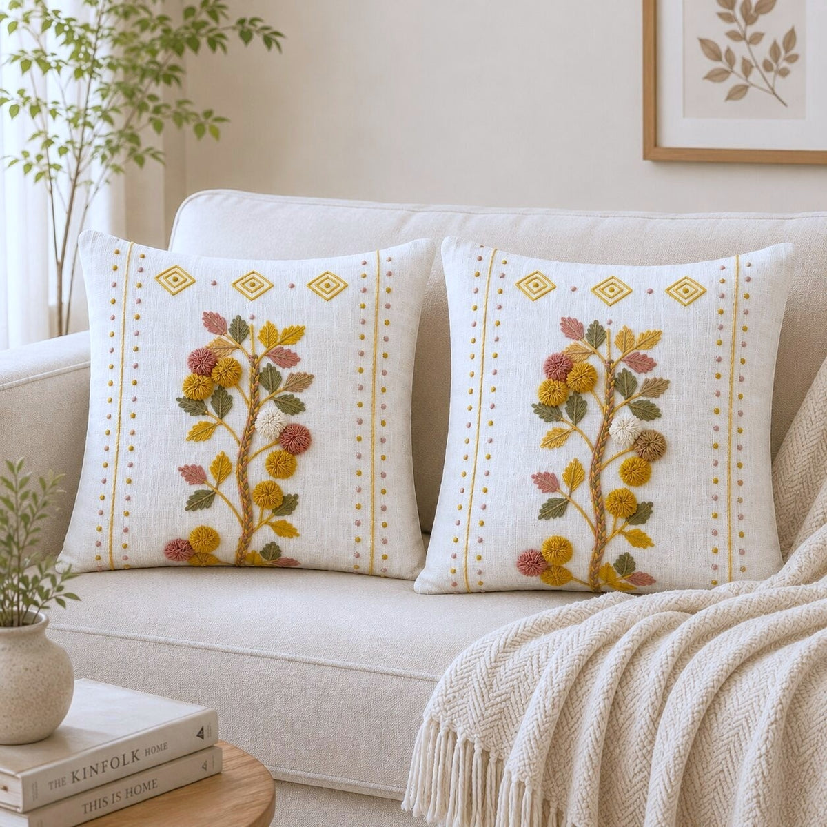 Golden Meadow Hand-Embroidered Cotton Cushion Cover – Set of 2