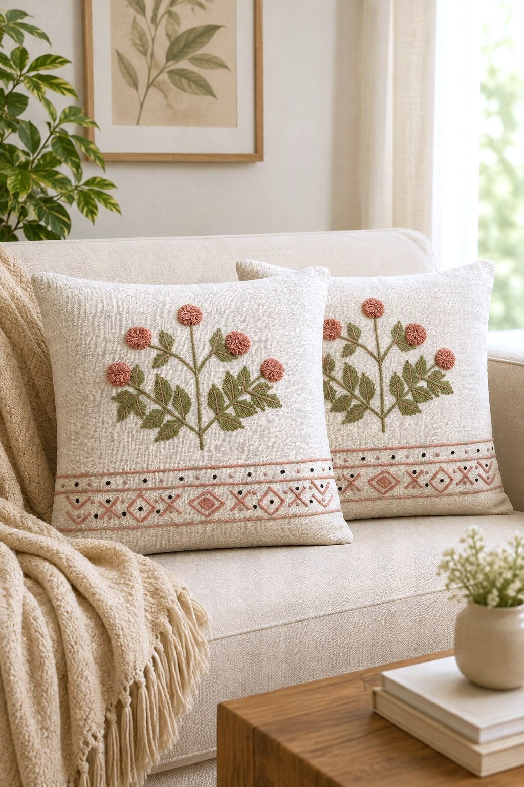 Blush Meadow Hand-Embroidered Cotton Cushion Cover – Set of 2