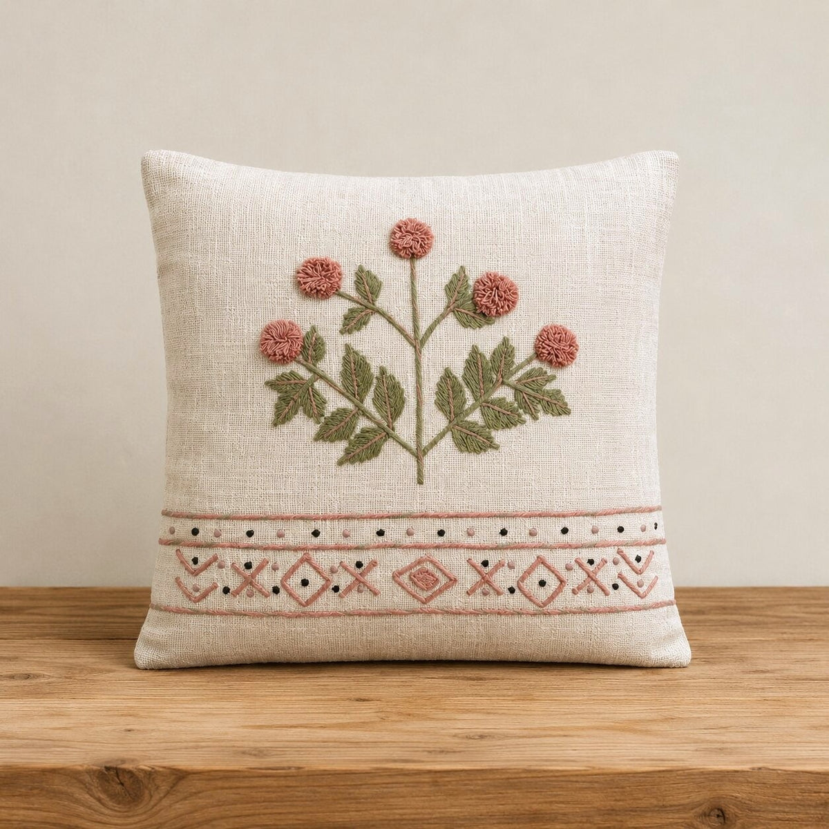 Blush Meadow Hand-Embroidered Cotton Cushion Cover – Set of 2