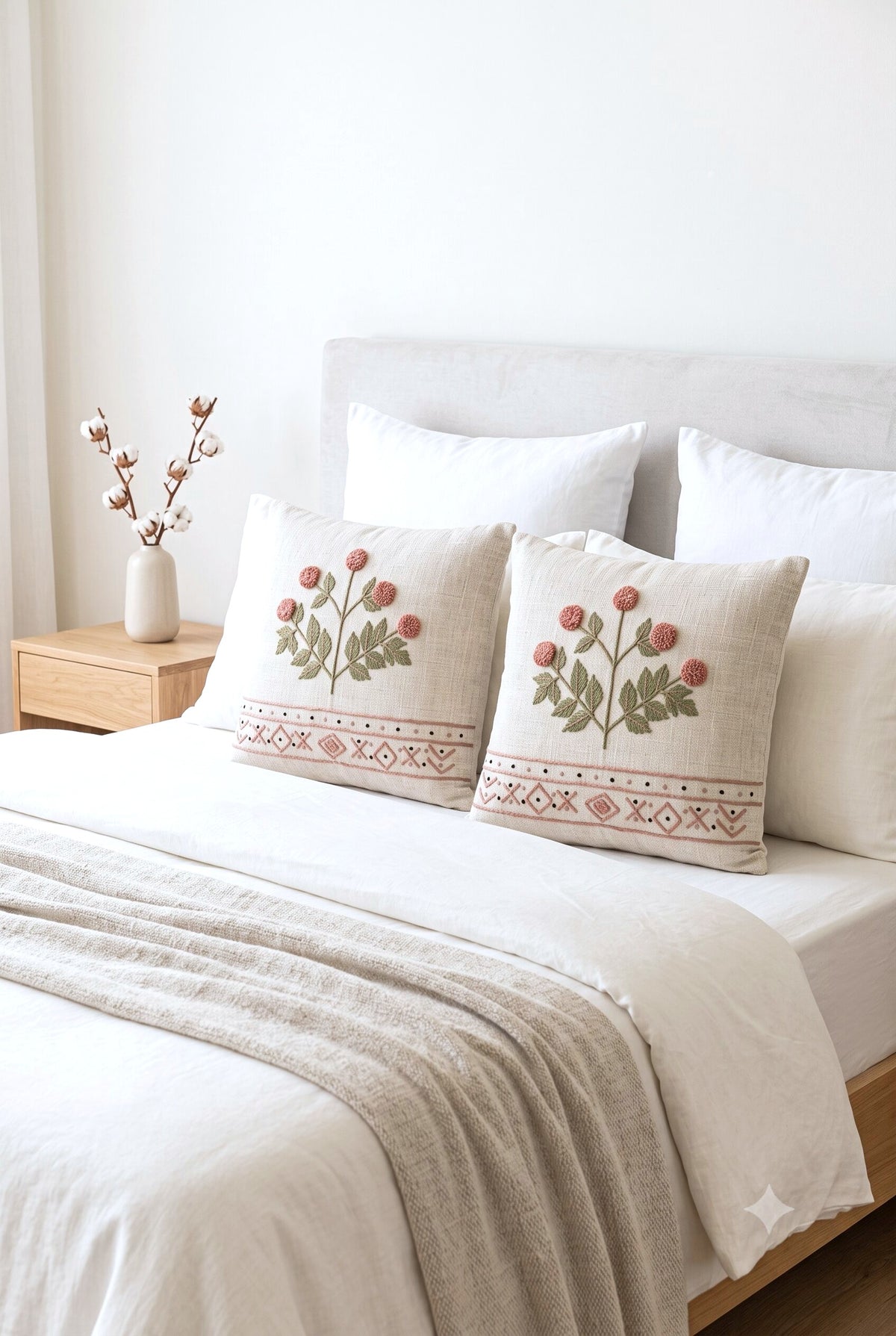 Blush Meadow Hand-Embroidered Cotton Cushion Cover – Set of 2