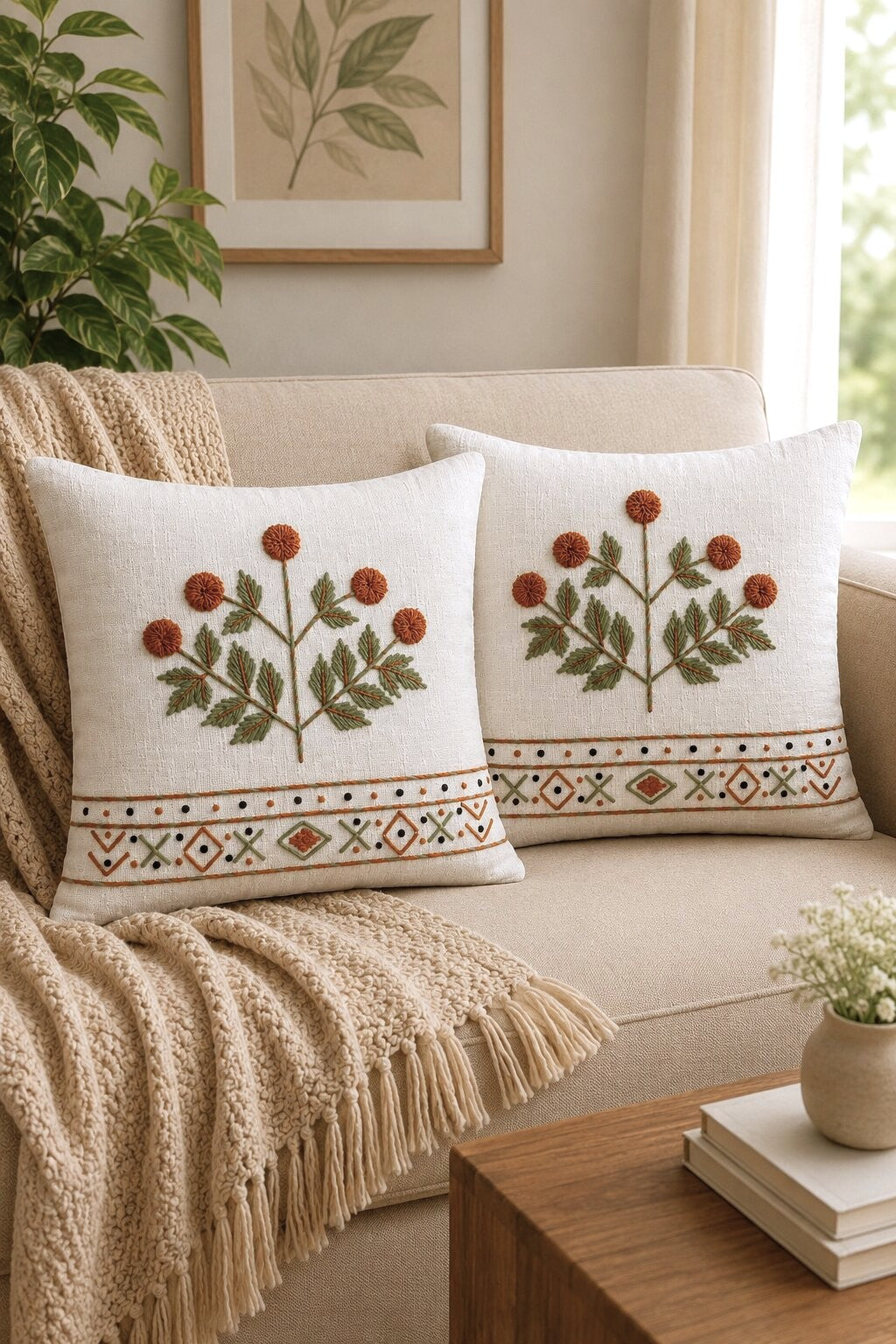 Terracotta Grove Hand-Embroidered Cotton Cushion Cover – Set of 2