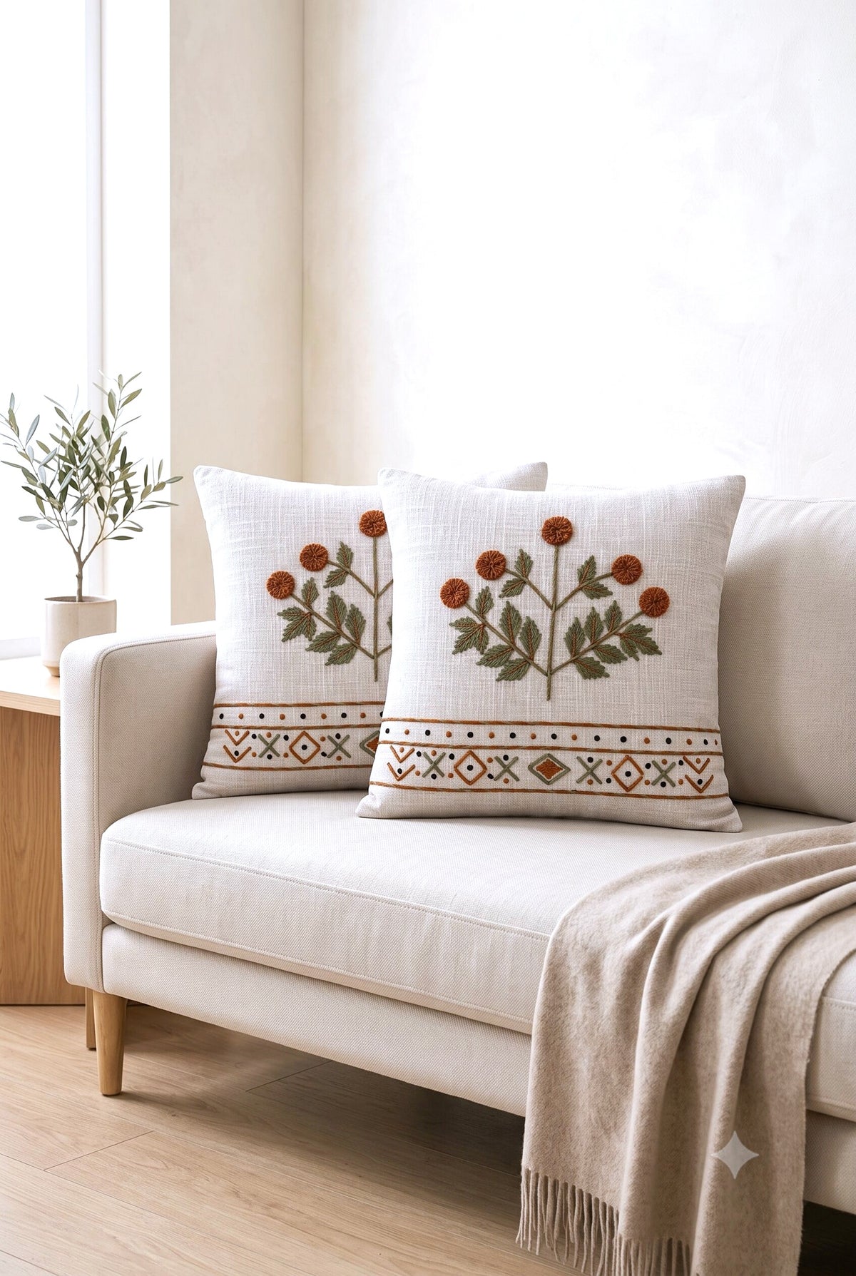 Terracotta Grove Hand-Embroidered Cotton Cushion Cover – Set of 2