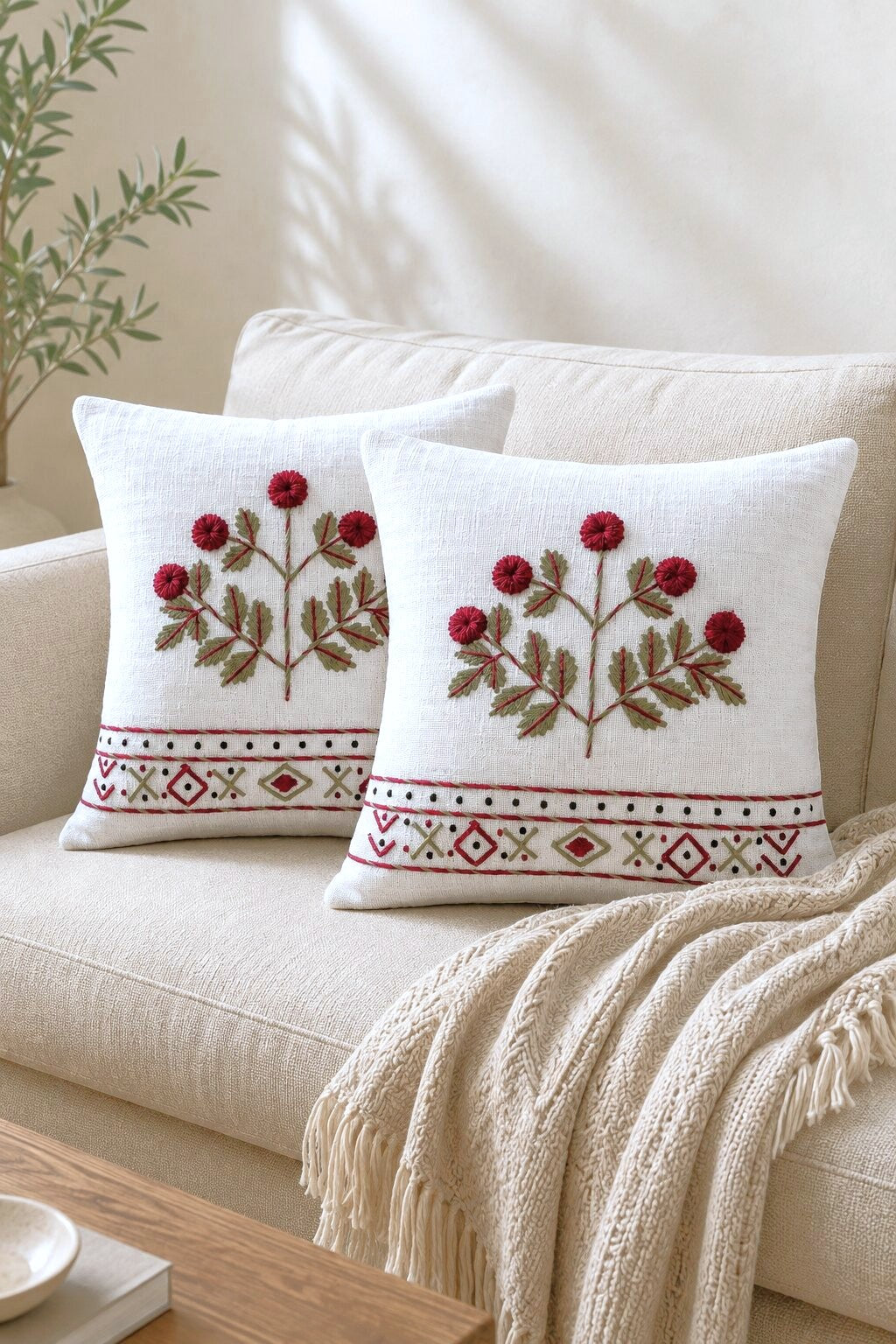 Magenta Bloom Hand-Embroidered Cotton Cushion Cover – Set of 2