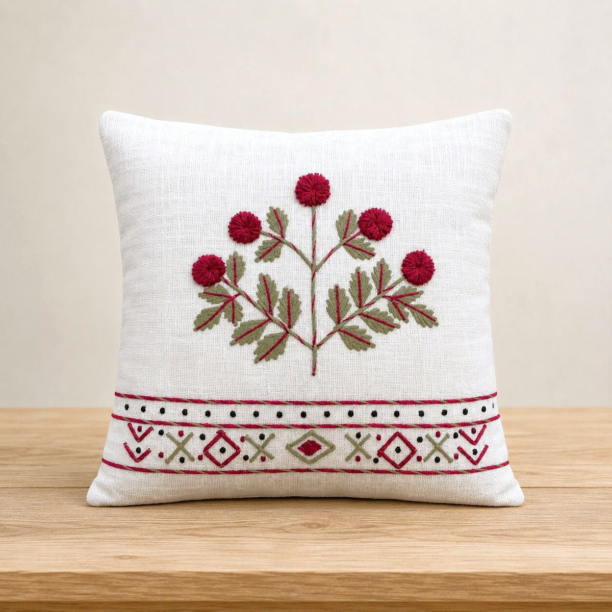 Magenta Bloom Hand-Embroidered Cotton Cushion Cover – Set of 2