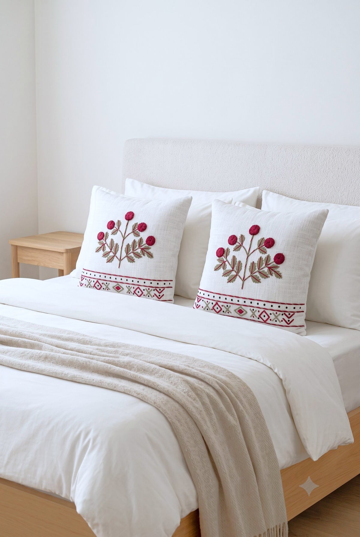Magenta Bloom Hand-Embroidered Cotton Cushion Cover – Set of 2