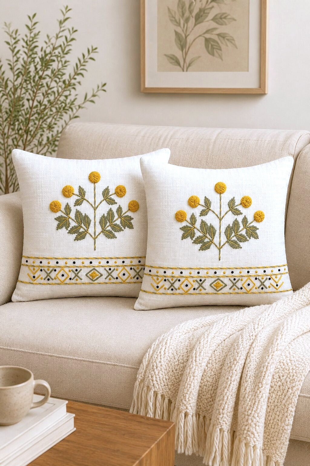 Golden Bloom Hand-Embroidered Cotton Cushion Cover – Set of 2