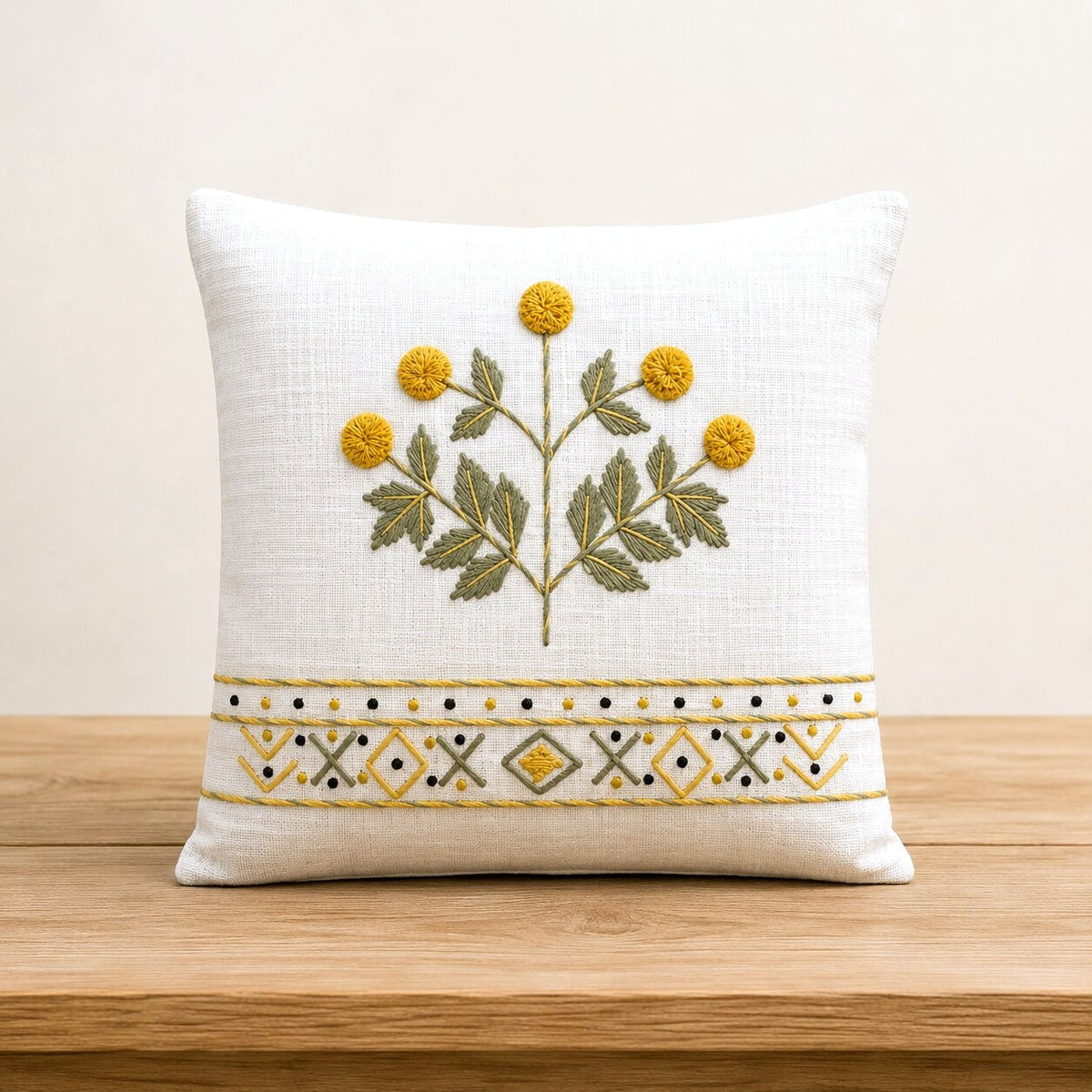 Golden Bloom Hand-Embroidered Cotton Cushion Cover – Set of 2