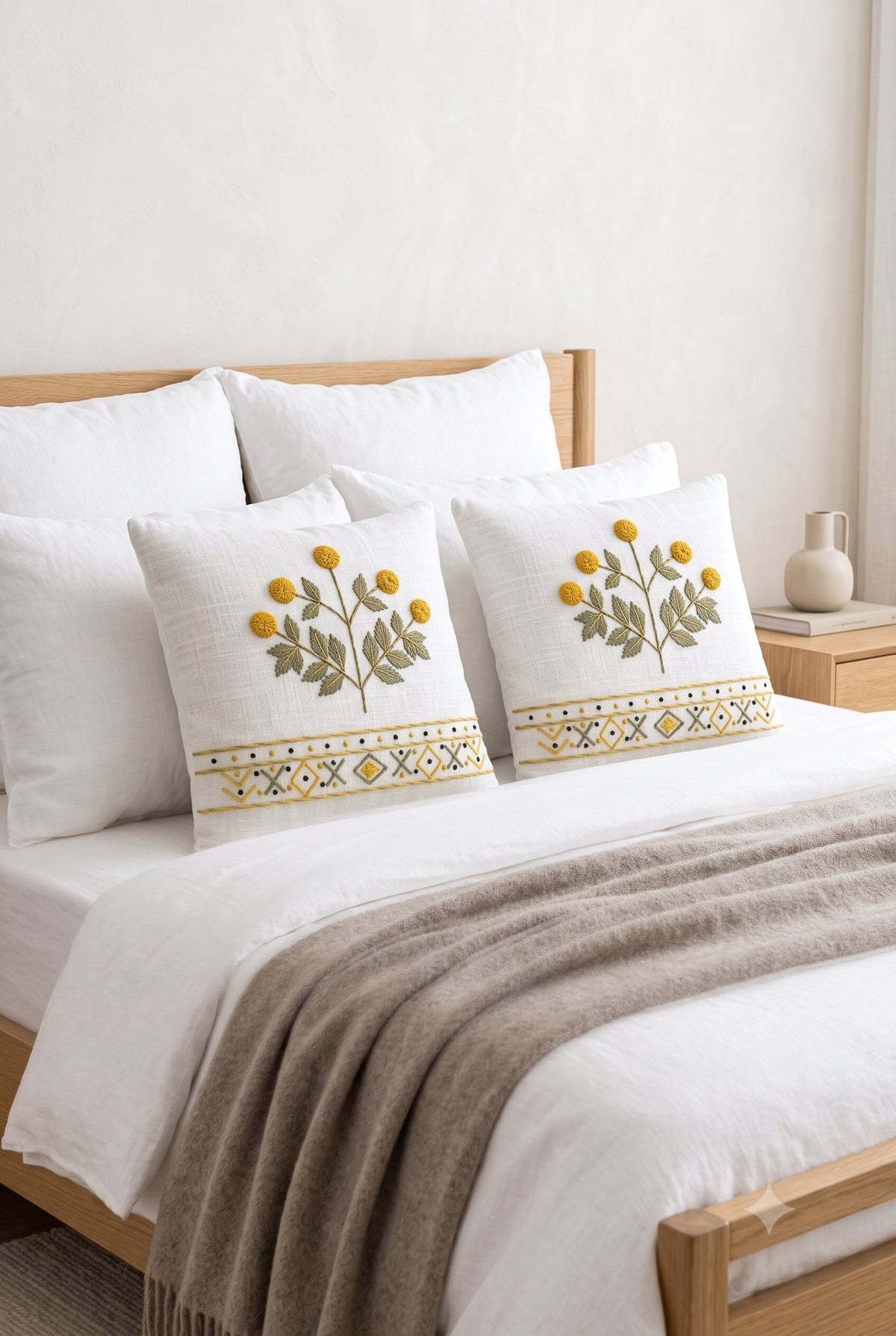 Golden Bloom Hand-Embroidered Cotton Cushion Cover – Set of 2