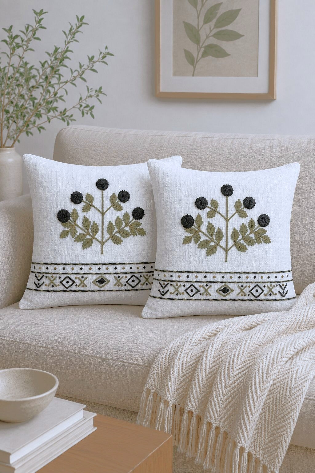 Grey Noir Hand-Embroidered Cotton Cushion Cover – Set of 2