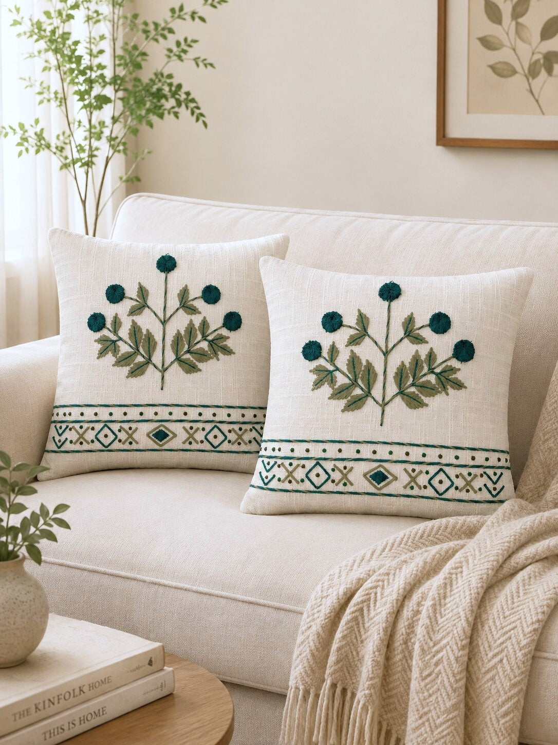 Emerald Grove Hand-Embroidered Cotton Cushion Cover – Set of 2