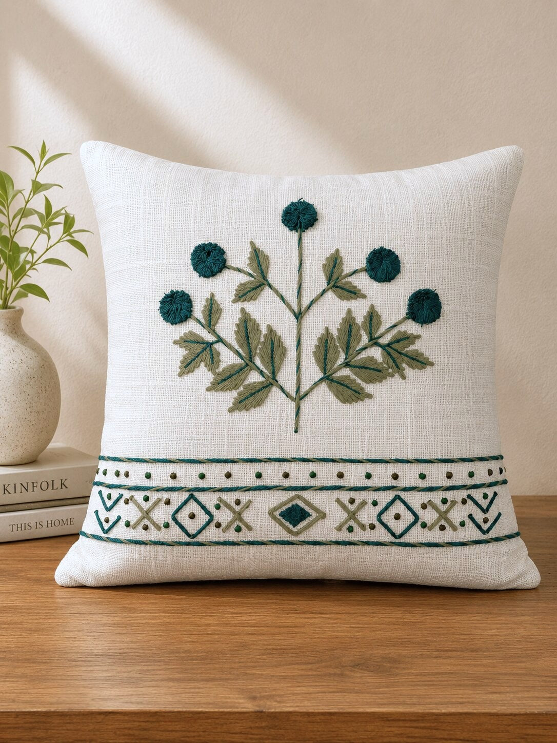 Emerald Grove Hand-Embroidered Cotton Cushion Cover – Set of 2