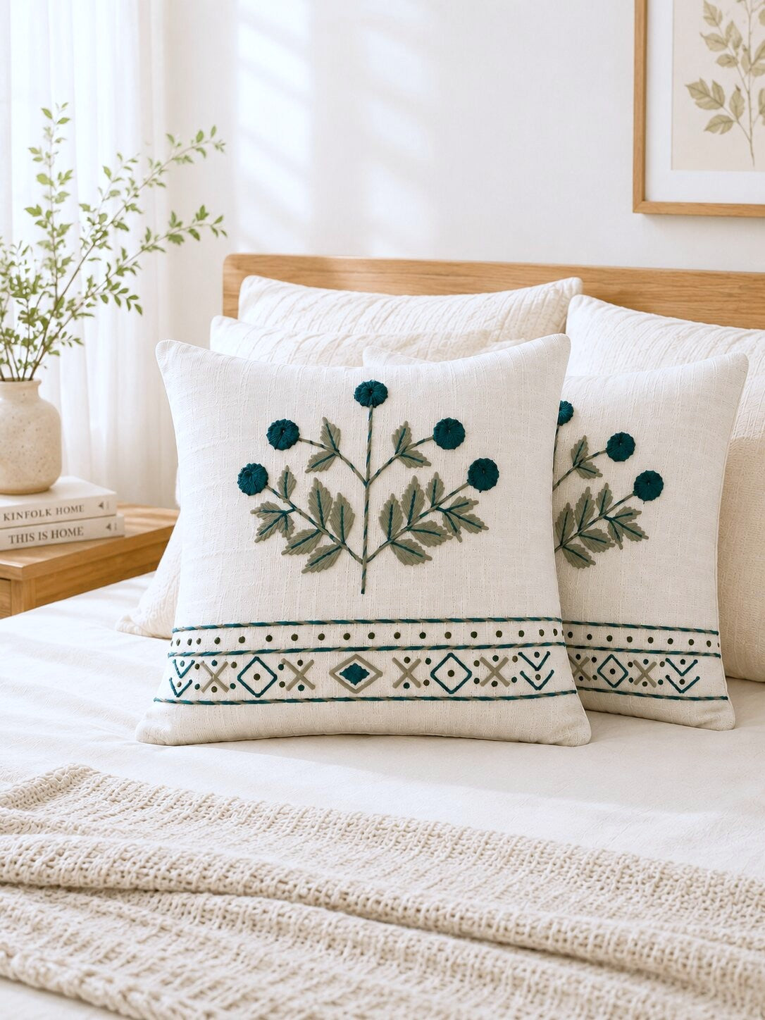 Emerald Grove Hand-Embroidered Cotton Cushion Cover – Set of 2