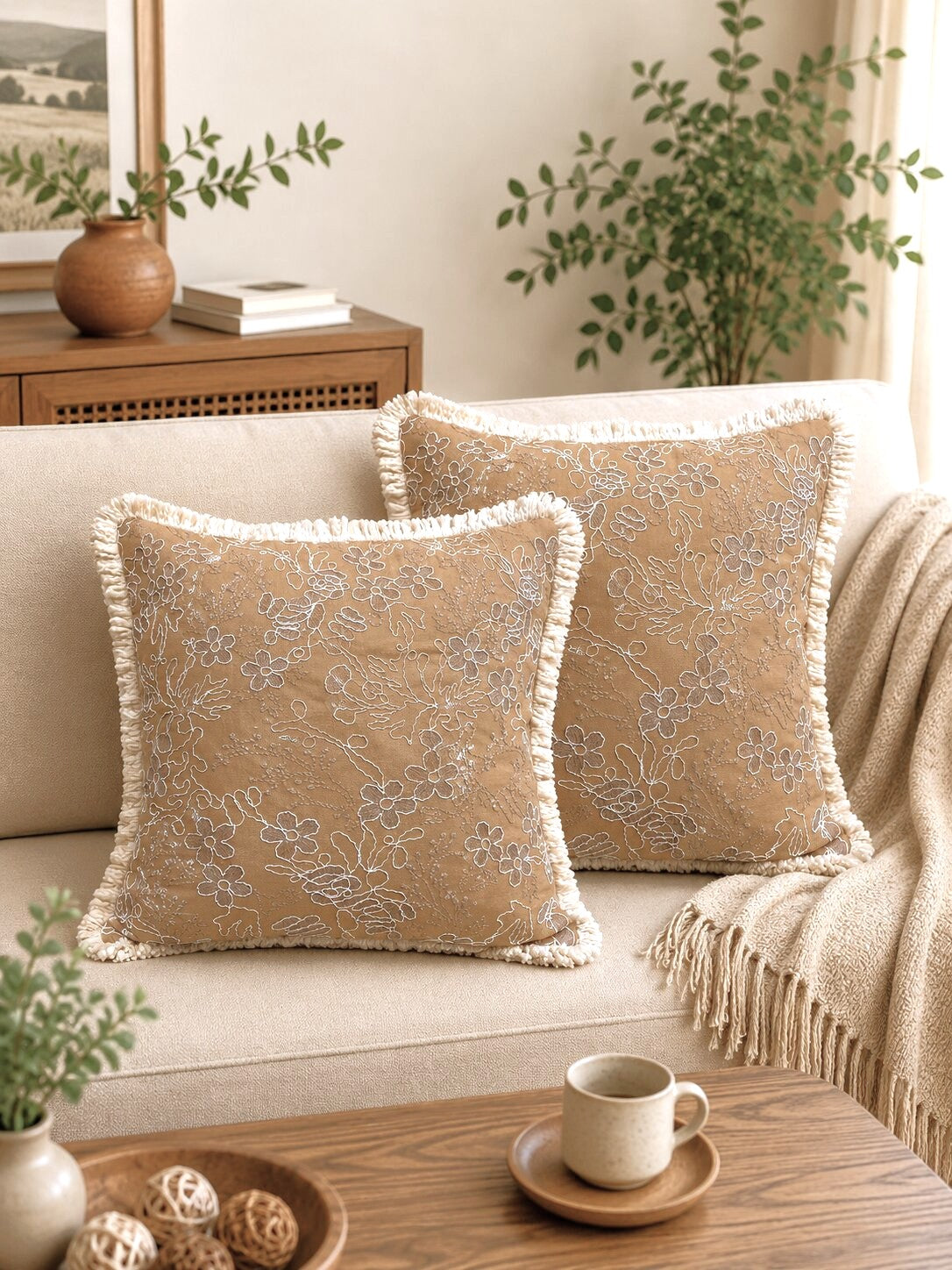 Sandstone Bloom Embroidered Fringe Cushion Cover – Set of 2