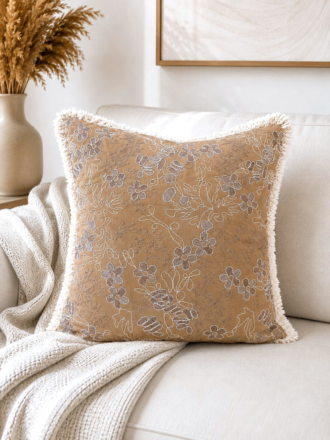 Sandstone Bloom Embroidered Fringe Cushion Cover – Set of 2