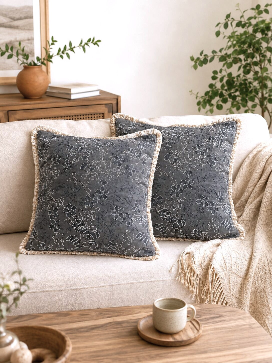 Charcoal Embroidered Fringe Cushion Cover – Set of 2