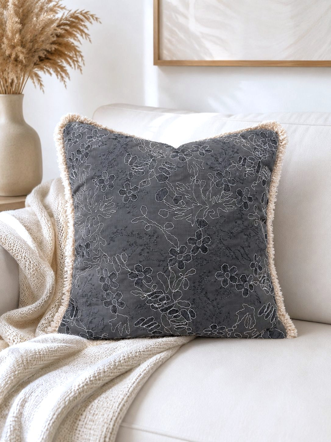 Charcoal Embroidered Fringe Cushion Cover – Set of 2