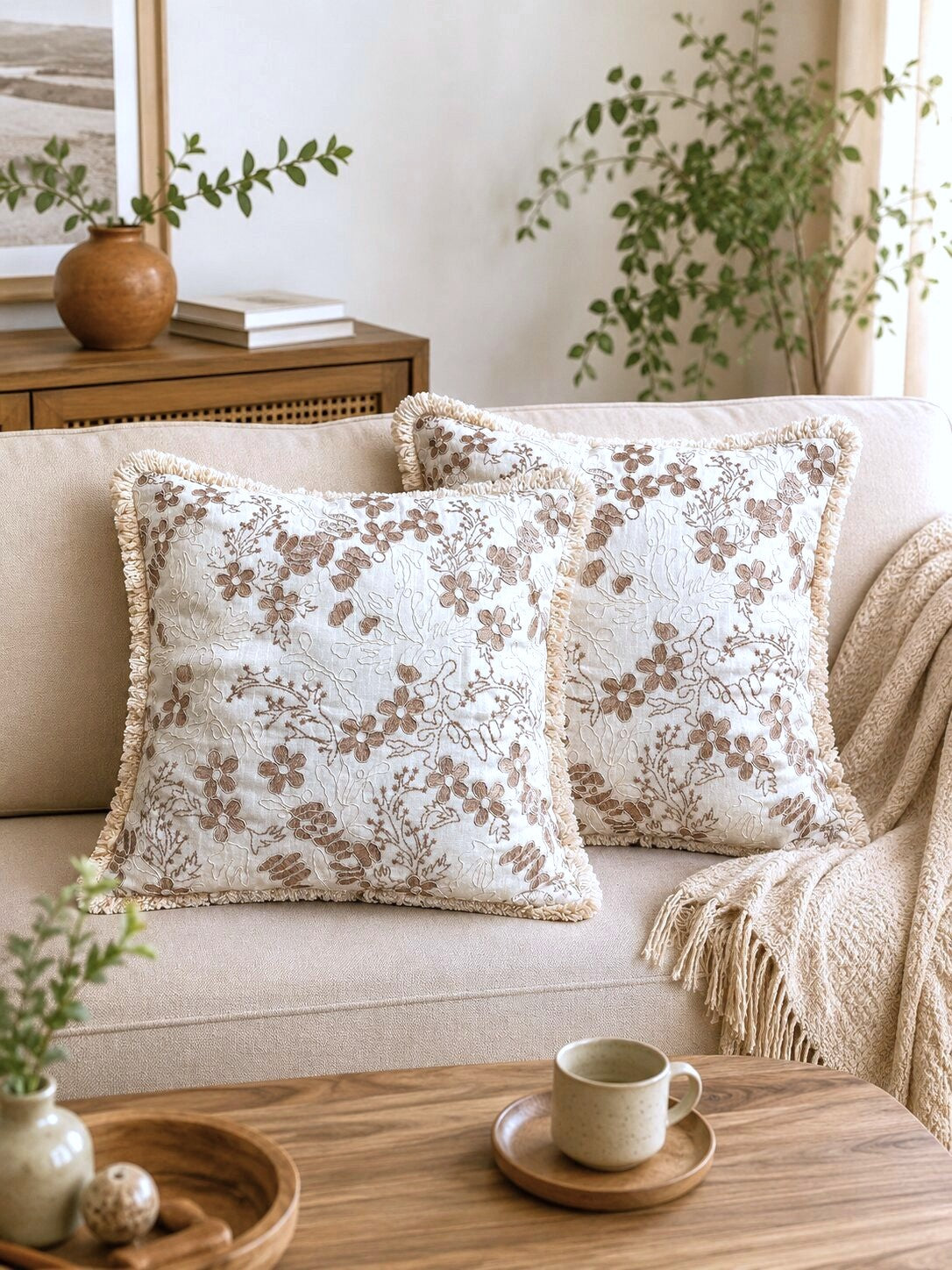 Mocha Bloom Embroidered Fringe Cushion Cover – Set of 2