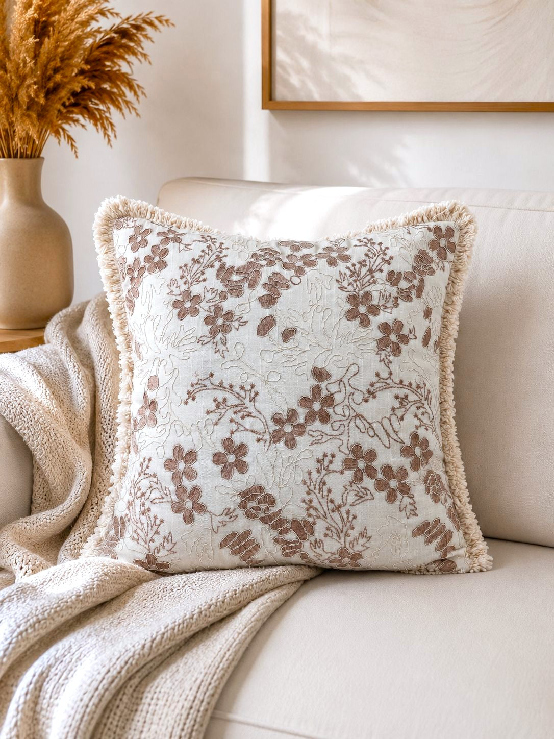 Mocha Bloom Embroidered Fringe Cushion Cover – Set of 2