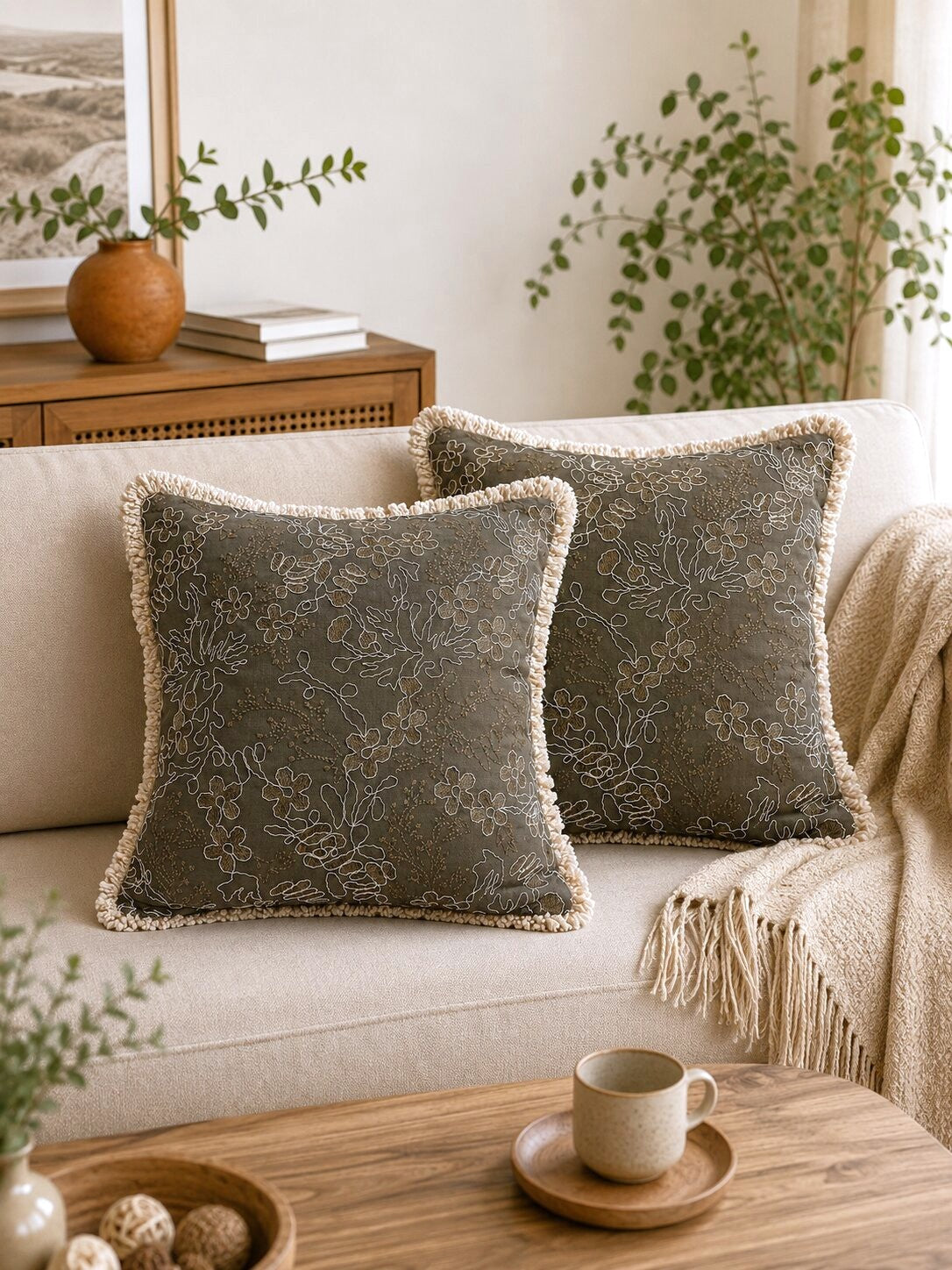 Taupe Garden Embroidered Fringe Cushion Cover – Set of 2