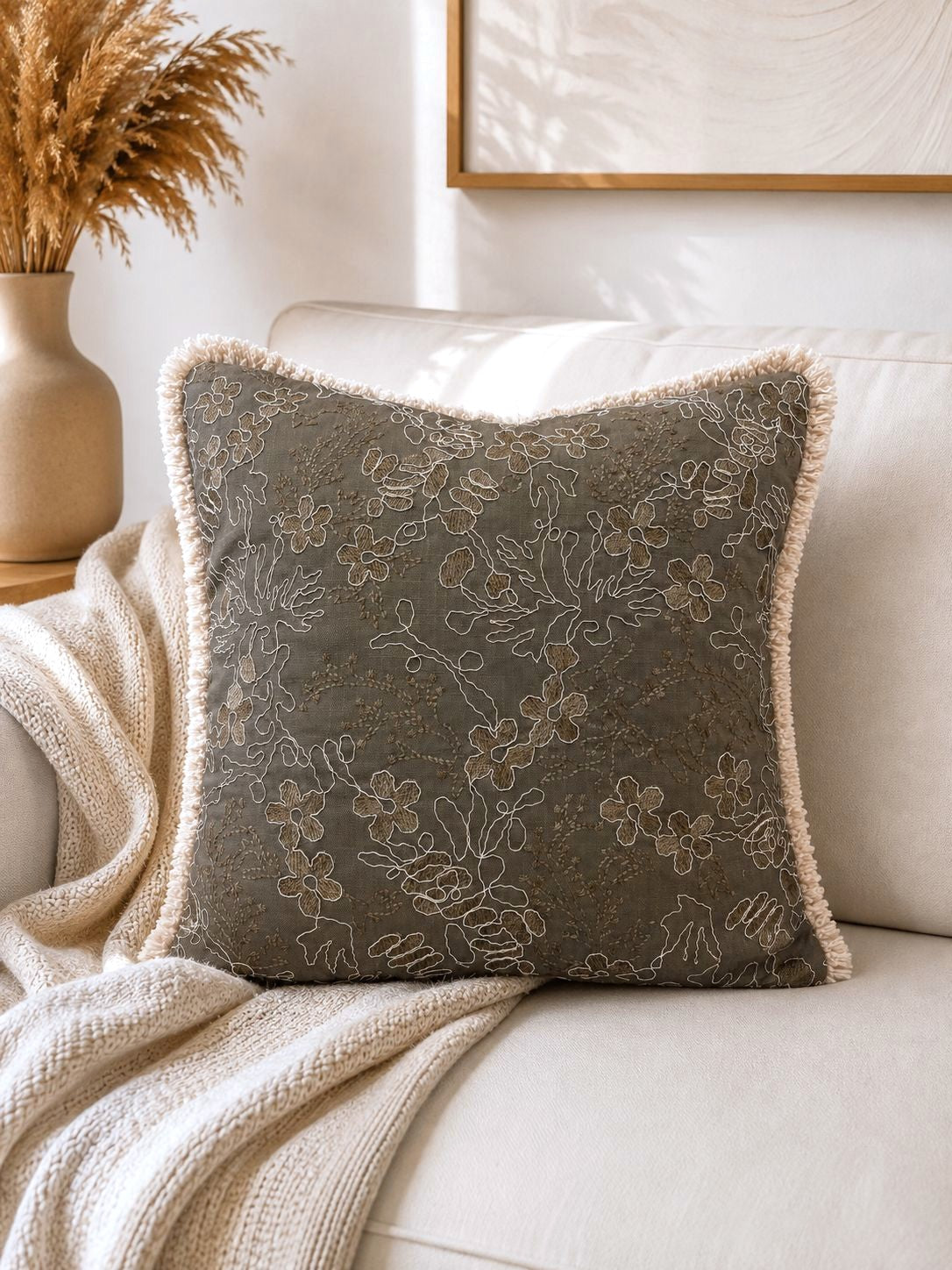 Taupe Garden Embroidered Fringe Cushion Cover – Set of 2