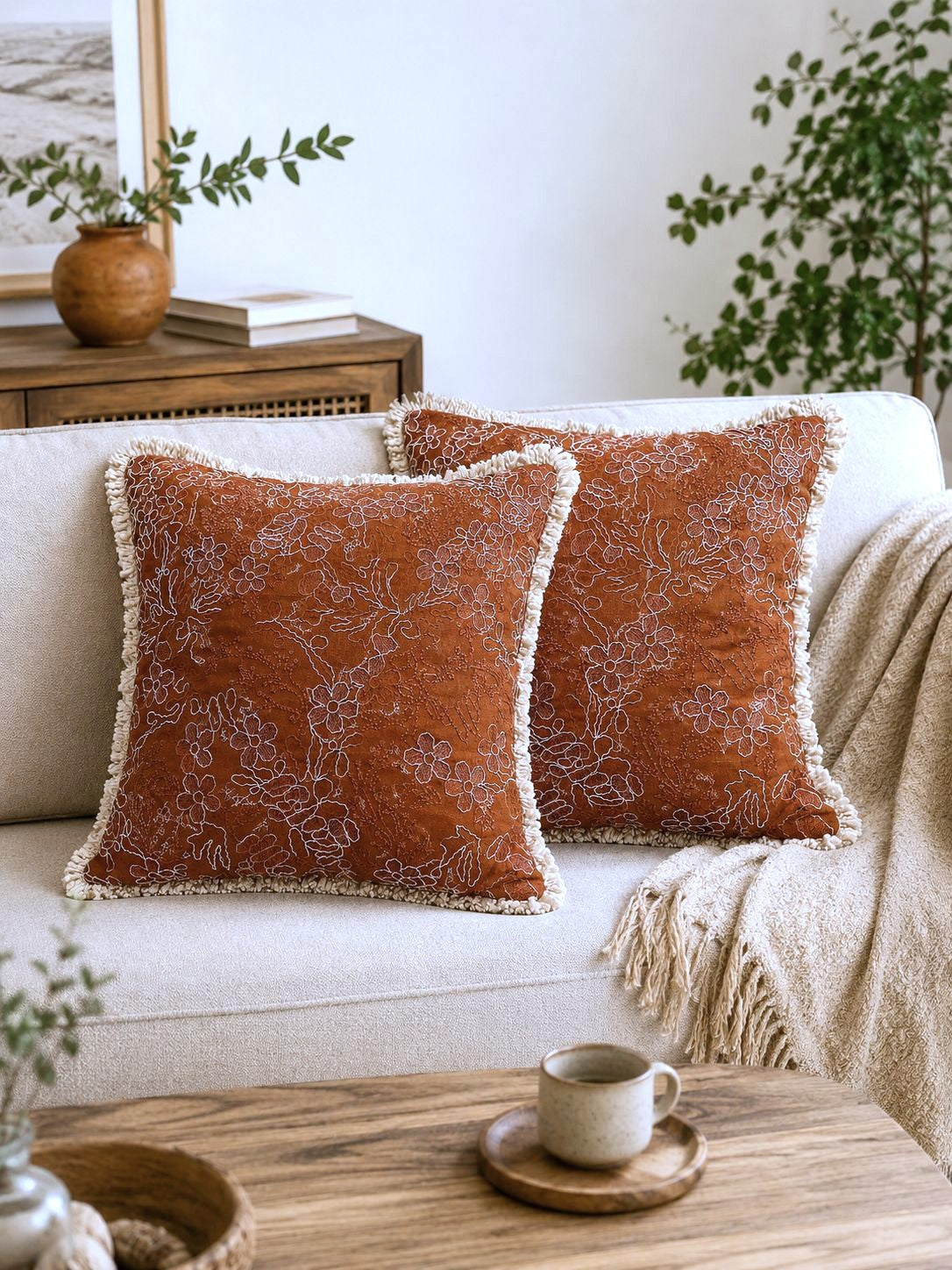 Terracotta Garden Embroidered Fringe Cushion Cover – Set of 2