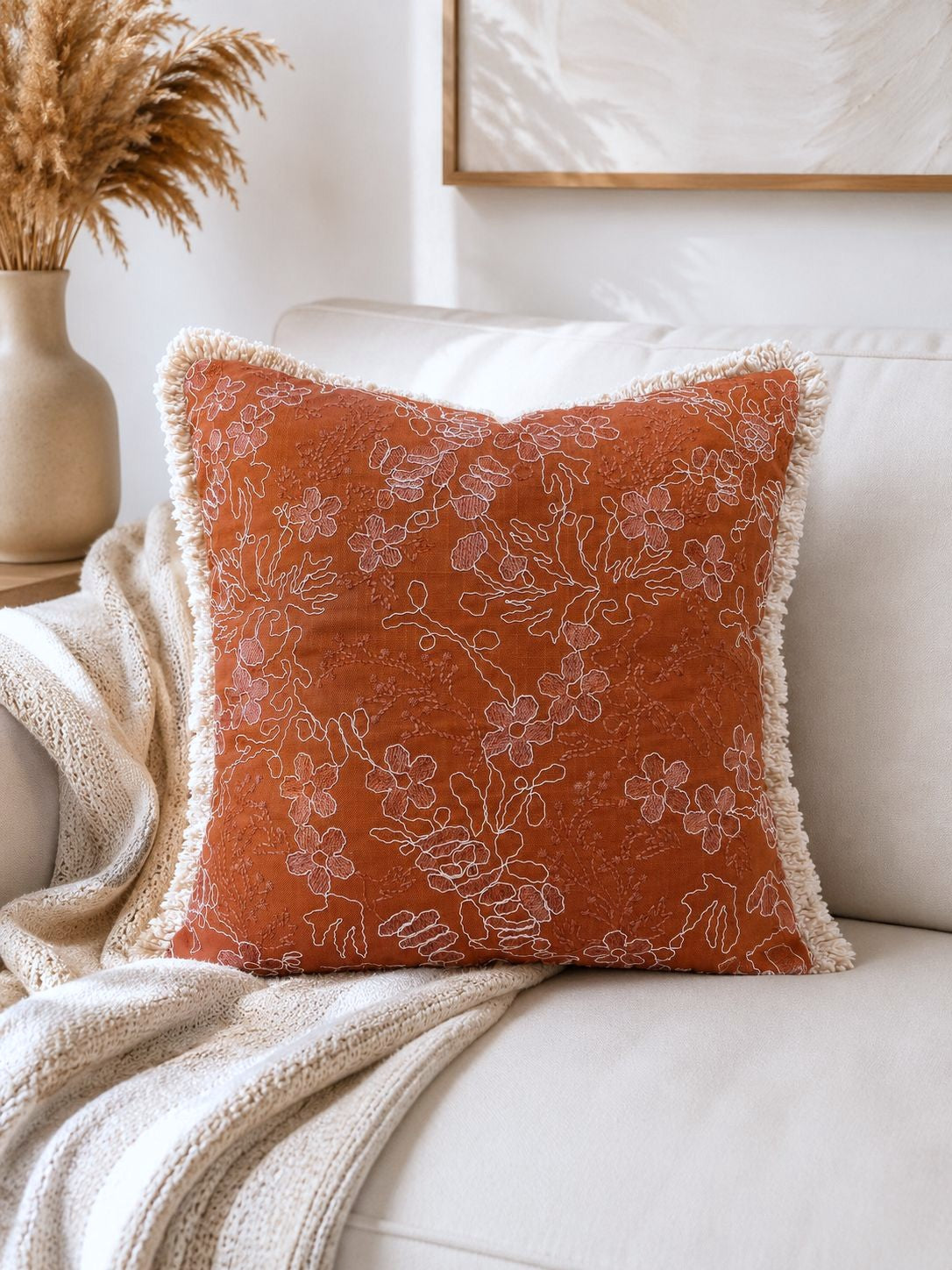 Terracotta Garden Embroidered Fringe Cushion Cover – Set of 2