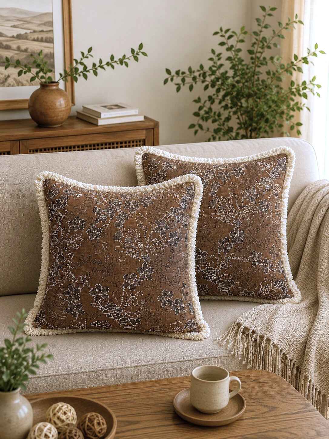 Cocoa Garden Embroidered Fringe Cushion Cover – Set of 2