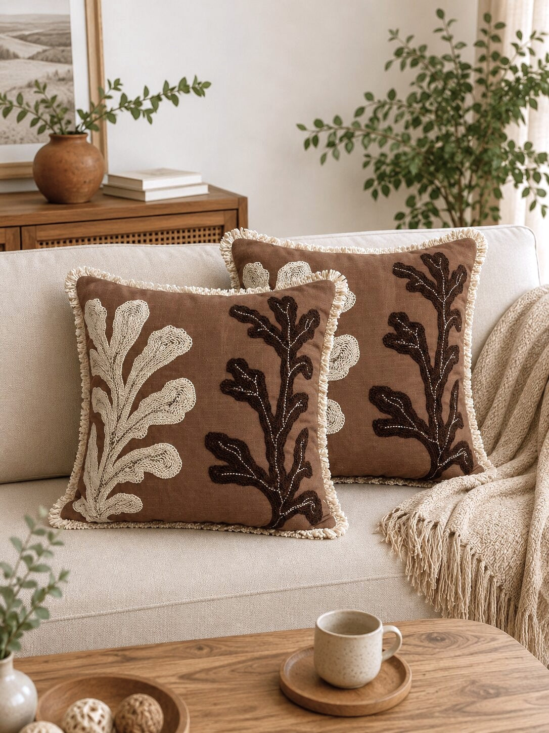 Cocoa Cactus Hand-Embroidered Cotton Cushion Cover – Set of 2