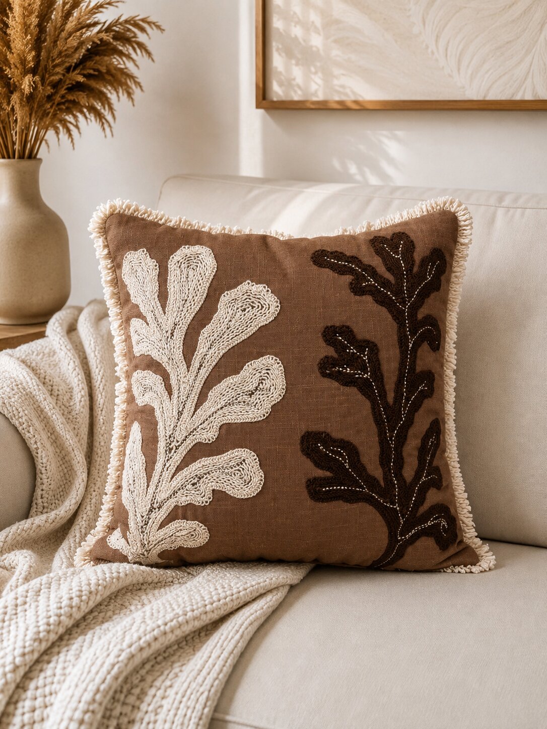 Cocoa Cactus Hand-Embroidered Cotton Cushion Cover – Set of 2