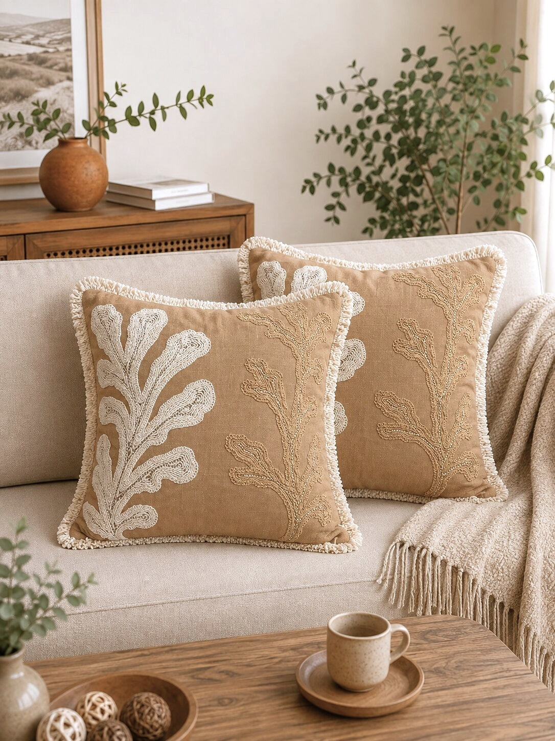 Sahara Cactus Hand-Embroidered Cotton Cushion Cover – Set of 2