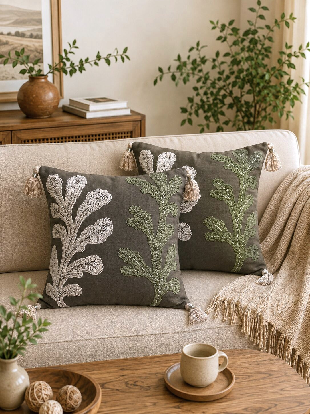 Olive Cactus Hand-Embroidered Cotton Cushion Cover – Set of 2