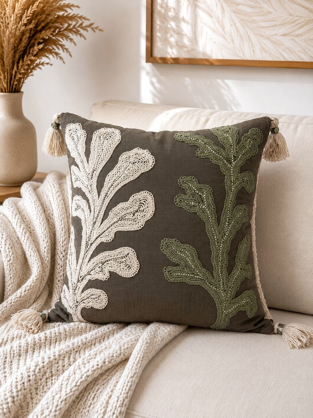 Olive Cactus Hand-Embroidered Cotton Cushion Cover – Set of 2