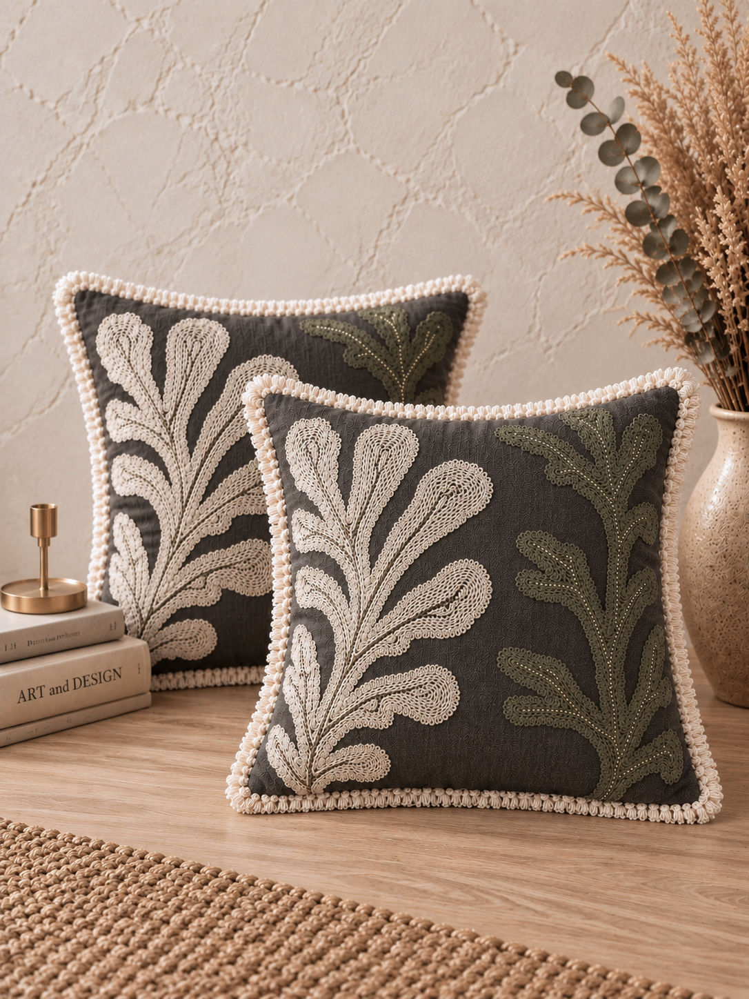 Olive Cactus Hand-Embroidered Cotton Cushion Cover – Set of 2