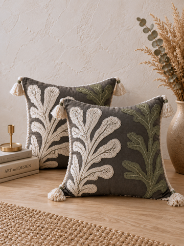 Olive Cactus Hand-Embroidered Cotton Cushion Cover – Set of 2
