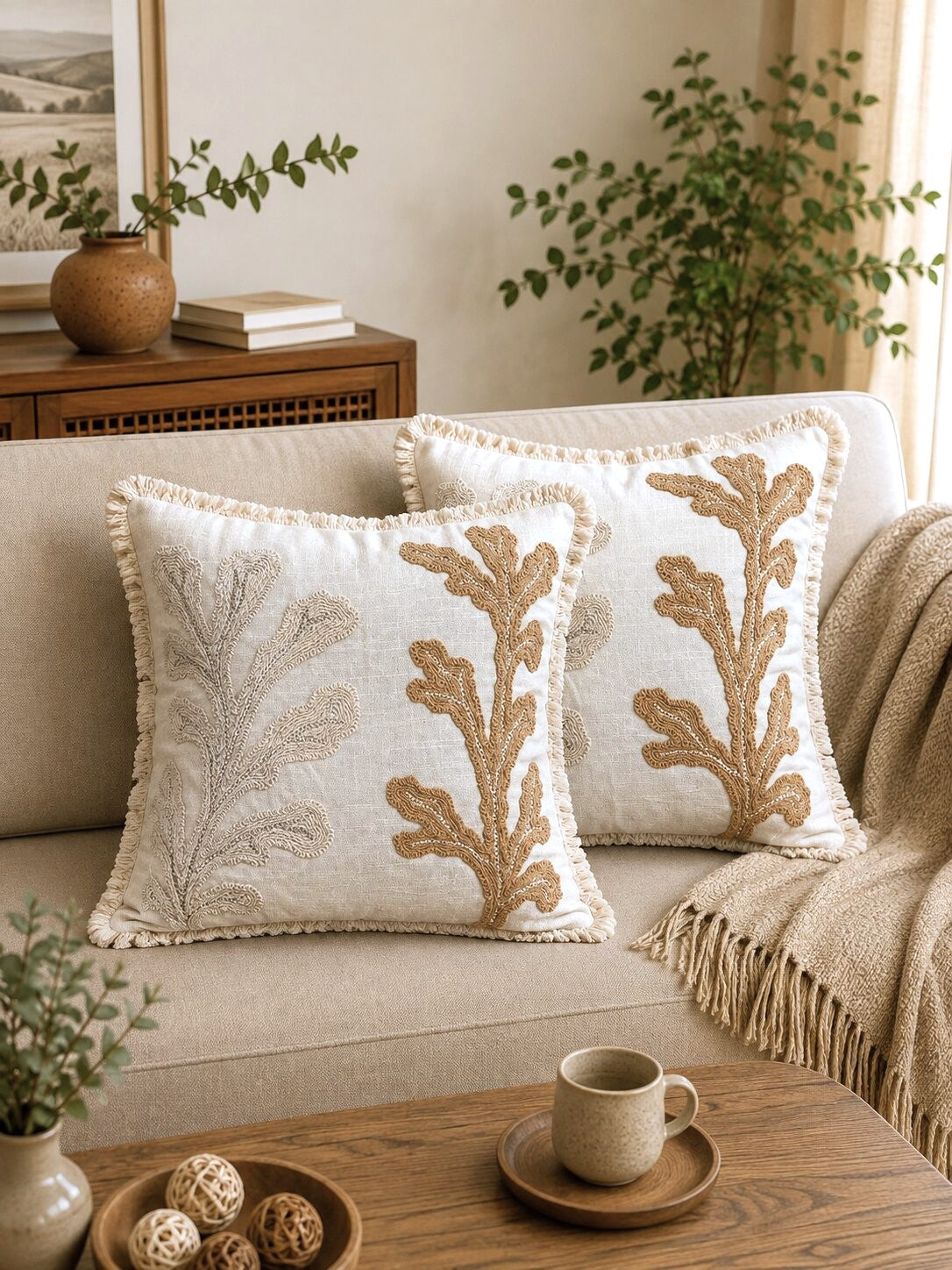 Dune Cactus Hand-Embroidered Cotton Cushion Cover – Set of 2