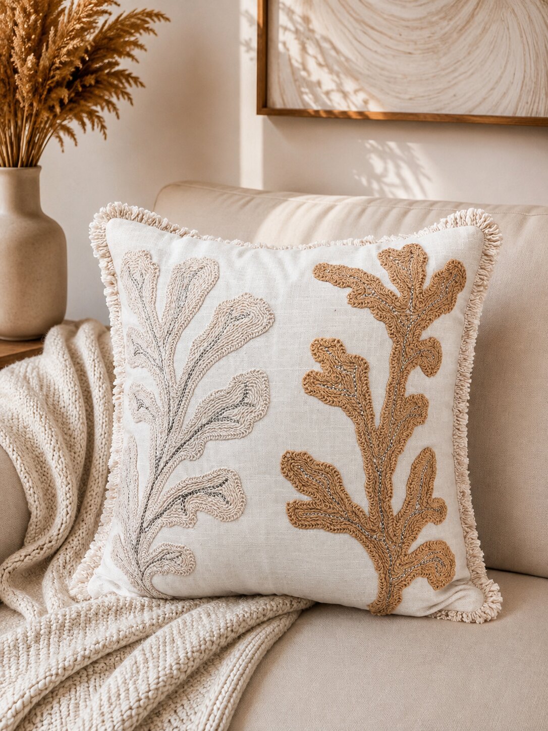 Dune Cactus Hand-Embroidered Cotton Cushion Cover – Set of 2