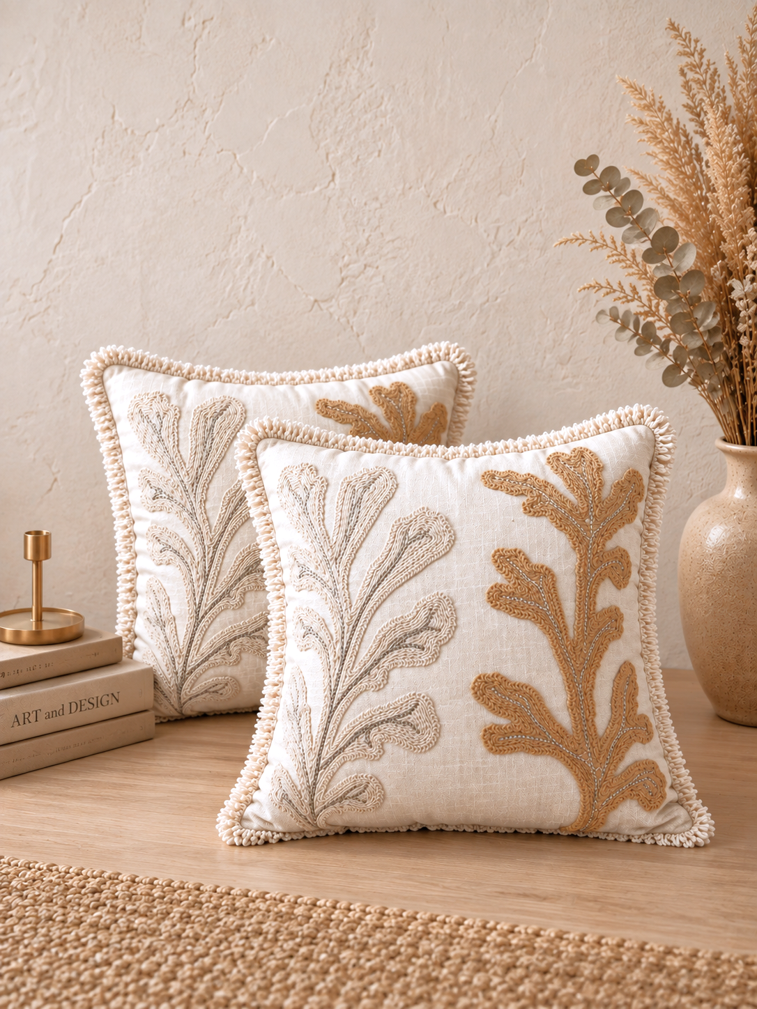 Dune Cactus Hand-Embroidered Cotton Cushion Cover – Set of 2