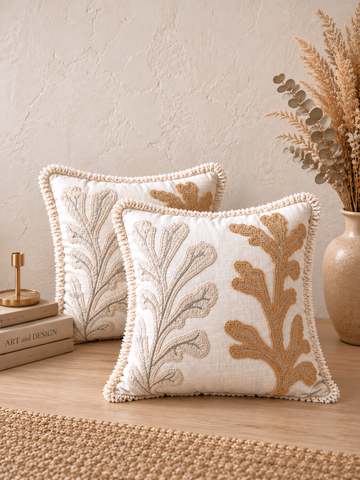 Dune Cactus Hand-Embroidered Cotton Cushion Cover – Set of 2