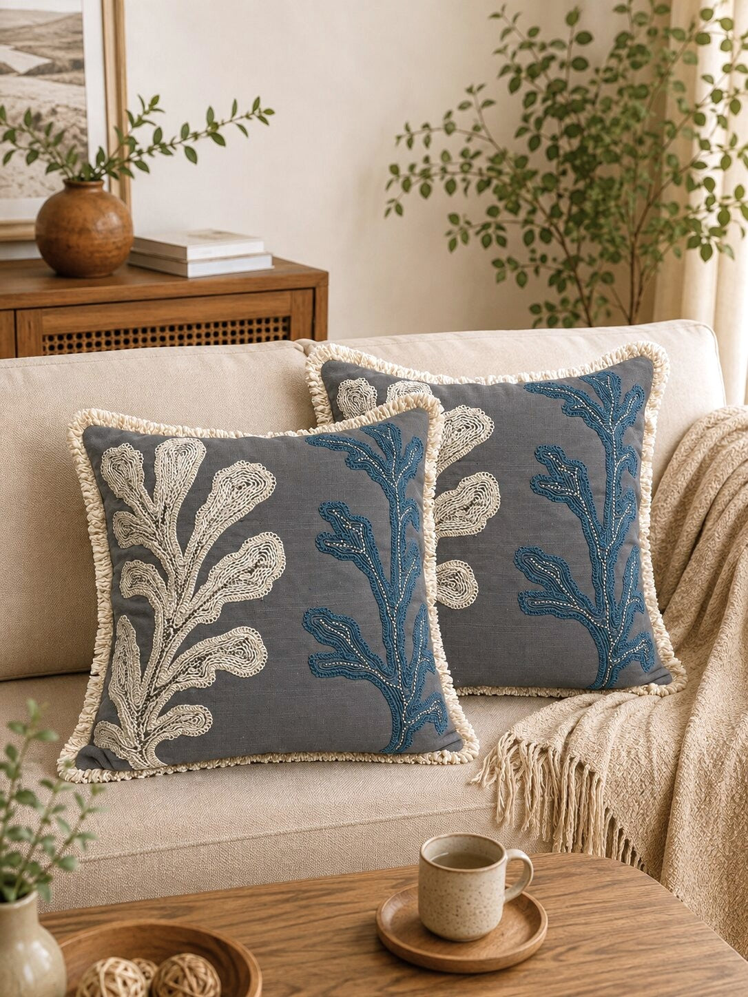 Grey Cactus Hand-Embroidered Cotton Cushion Cover – Set of 2