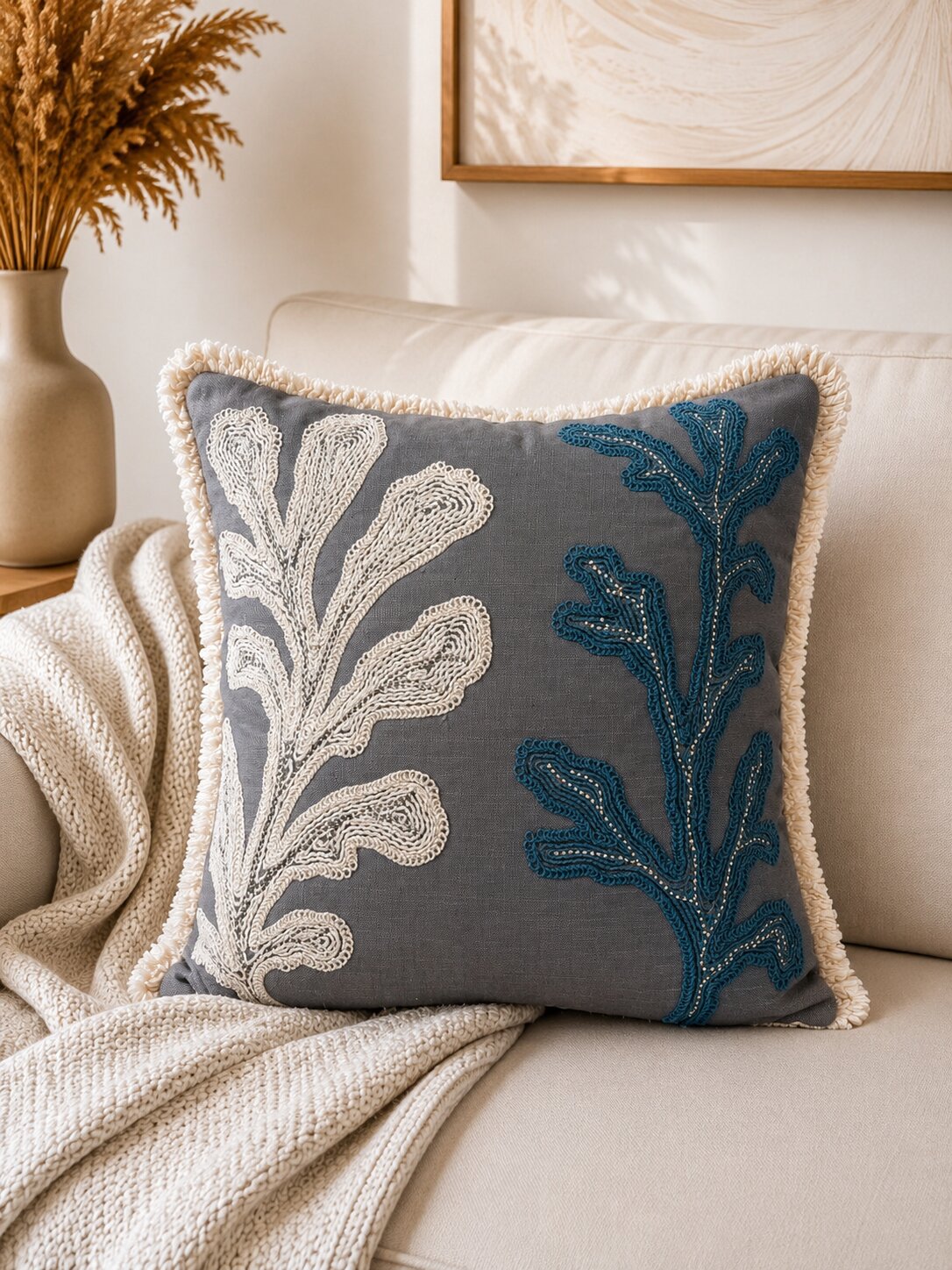 Grey Cactus Hand-Embroidered Cotton Cushion Cover – Set of 2