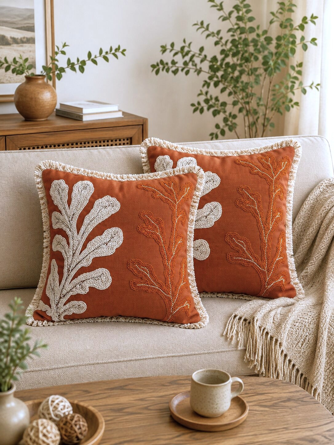 Terracotta Cactus Hand-Embroidered Cotton Cushion Cover – Set of 2