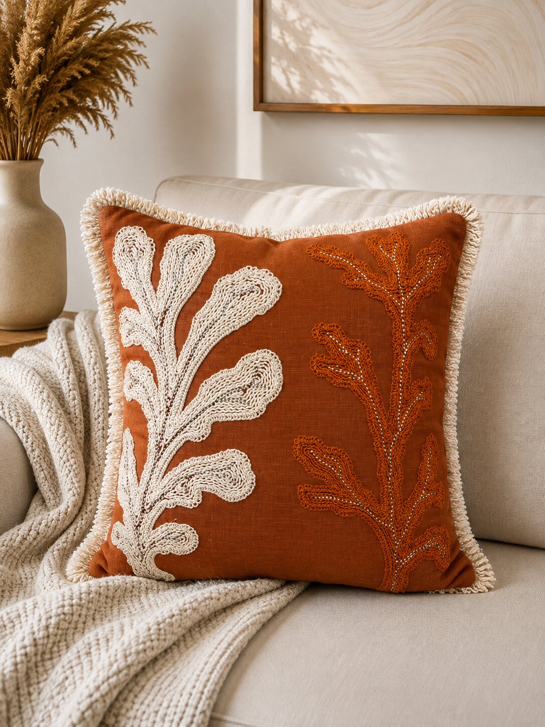 Terracotta Cactus Hand-Embroidered Cotton Cushion Cover – Set of 2
