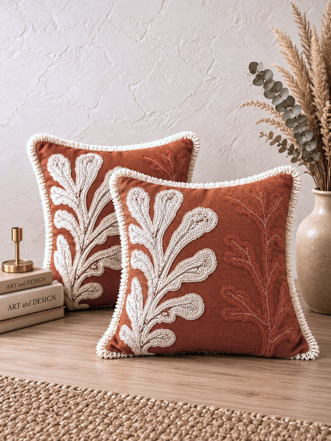 Terracotta Cactus Hand-Embroidered Cotton Cushion Cover – Set of 2