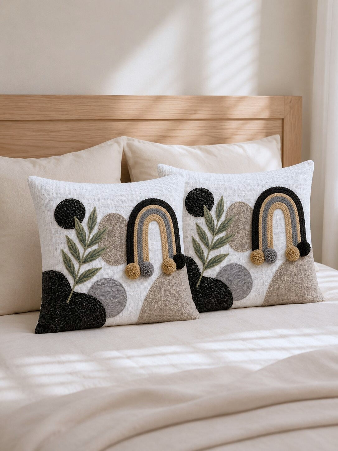 Elara Boho Hand-Embroidered Cotton Cushion Cover – Set of 2