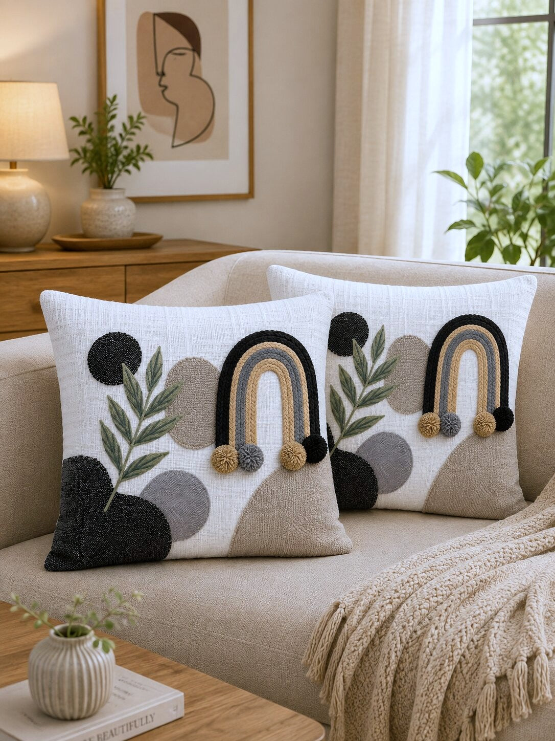 Elara Boho Hand-Embroidered Cotton Cushion Cover – Set of 2
